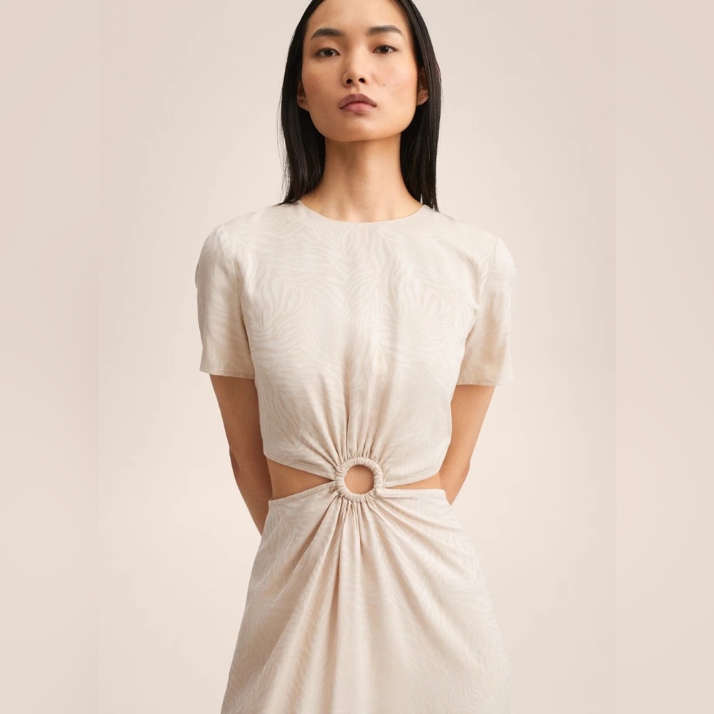 MANGO Cream Printed Waist Cut Out Detail Dress Sz 4 NWOT